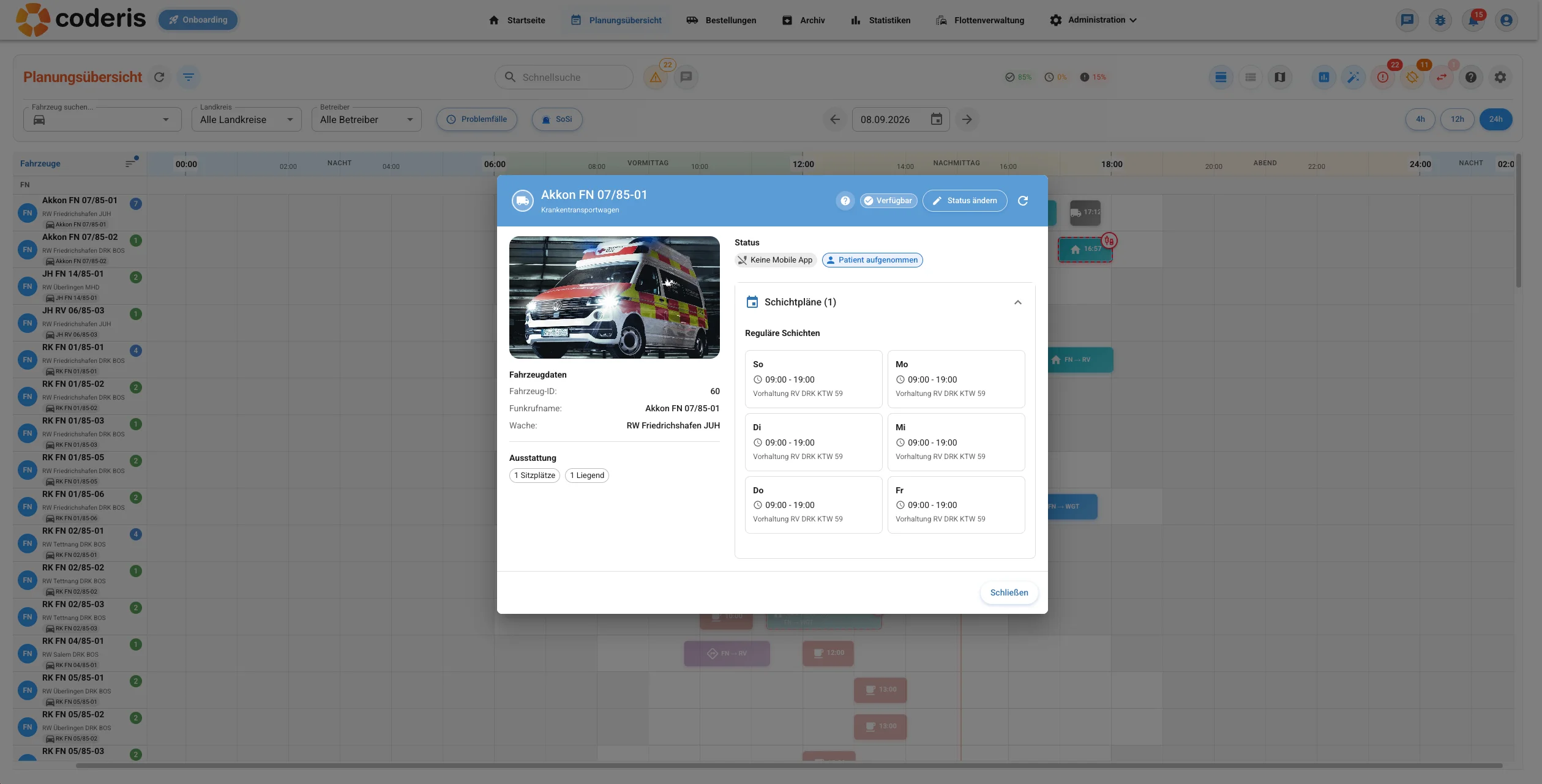 coderis Dispo – Fahrzeugdetails mit Status und Schichtplänen eines KTW