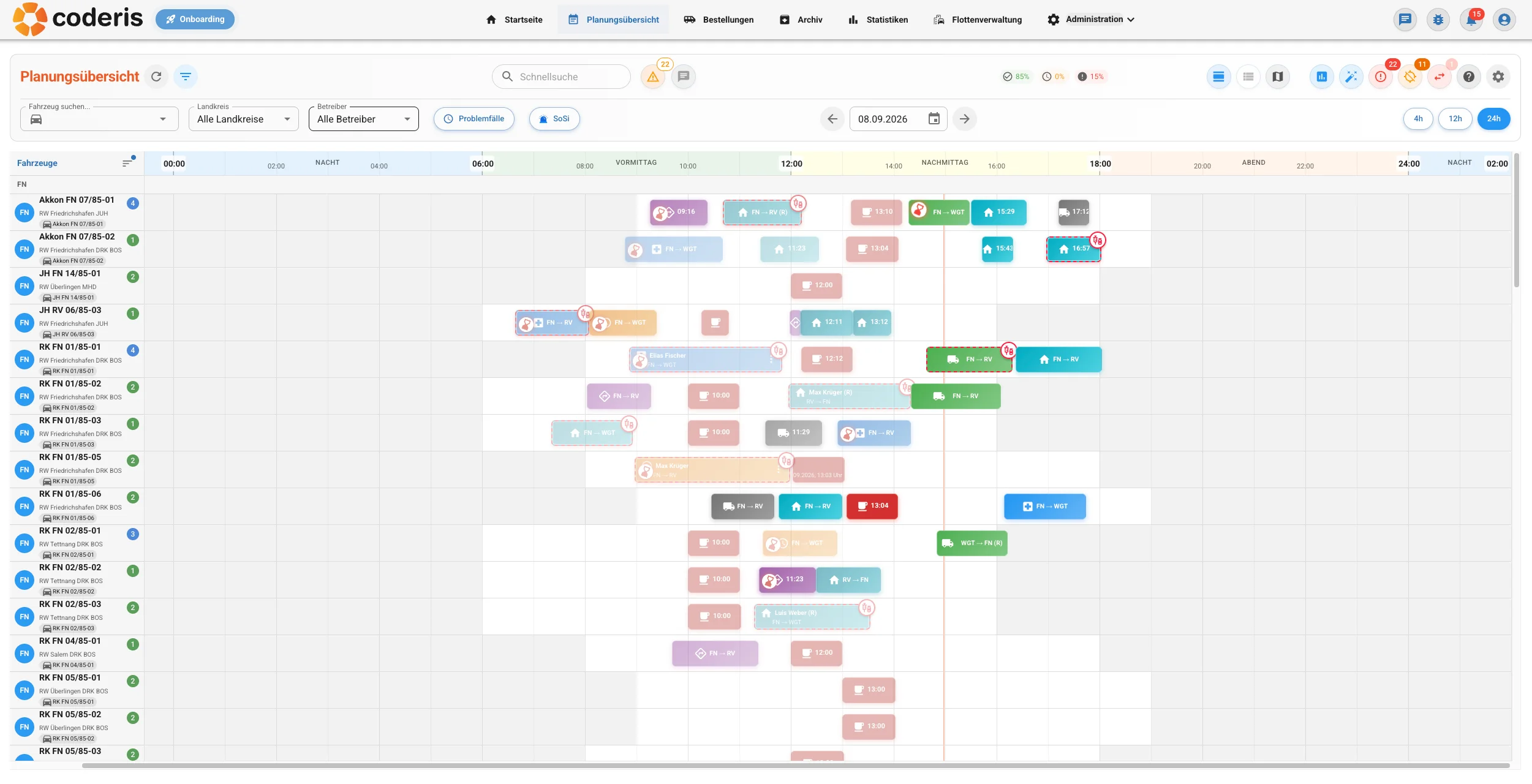 coderis Dispo – Planungsübersicht: Gantt-Ansicht aller Fahrzeuge im Webleitstand