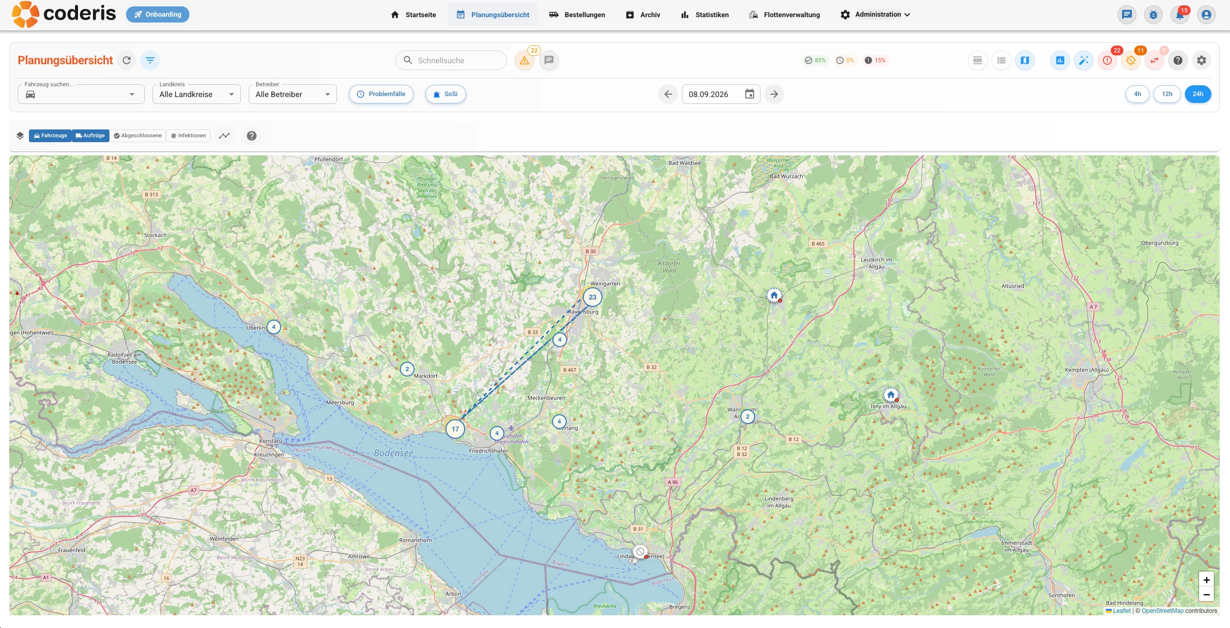 coderis Dispo – Live-Karte mit Fahrzeugpositionen und laufenden Transporten